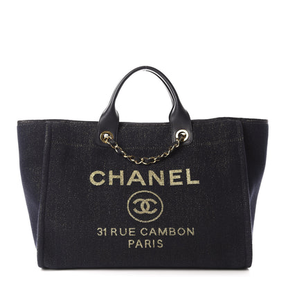 Chanel Lurex Canvas Medium Deauville Tote Navy Blue Gold 1 of 12