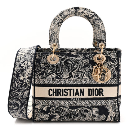 Christian Dior Canvas Toile De Jouy Embroidered Medium Lady D-Lite Navy 1 of 10