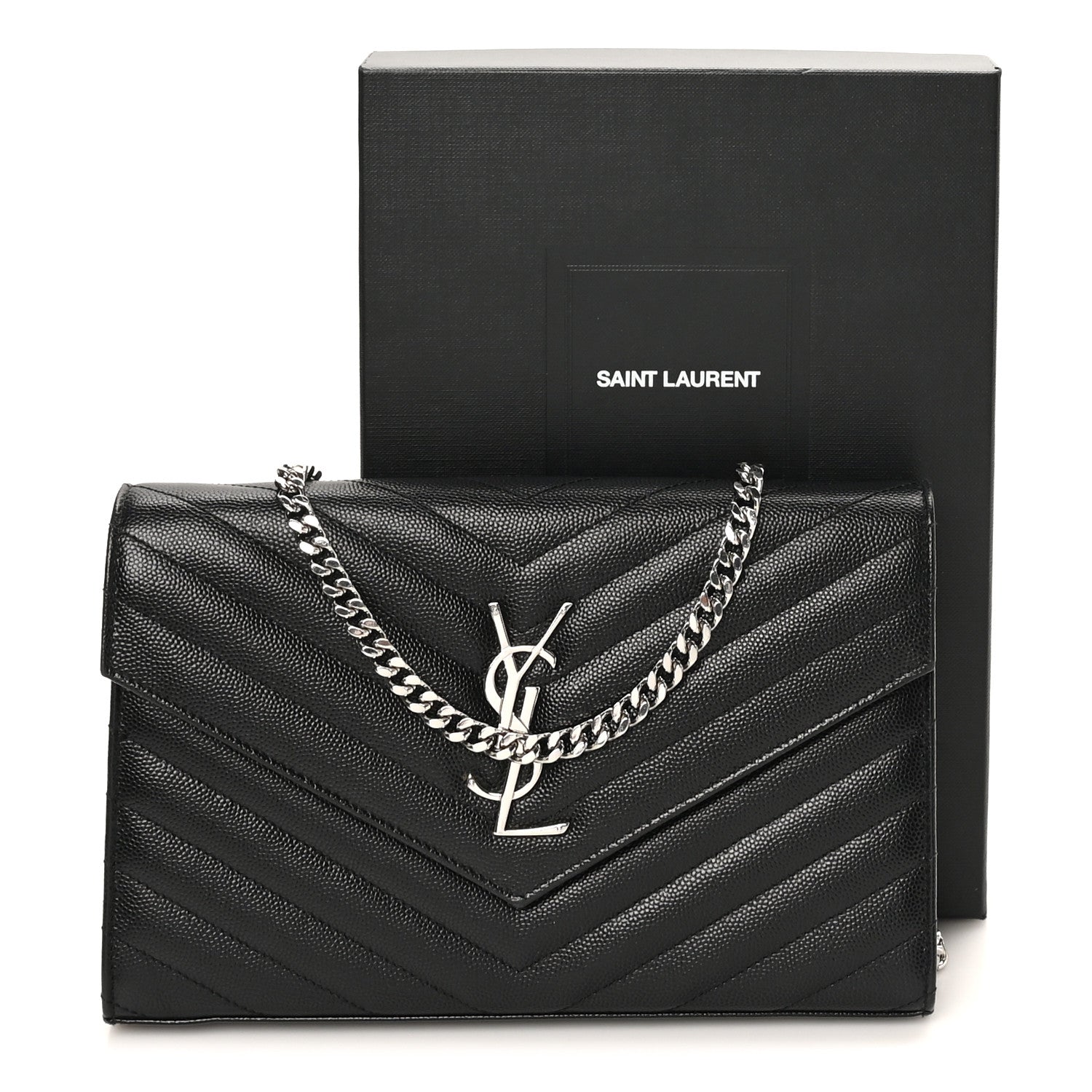 Saint Laurent Grain De Poudre Matelasse Chevron Monogram Chain Wallet Black 12 of 12