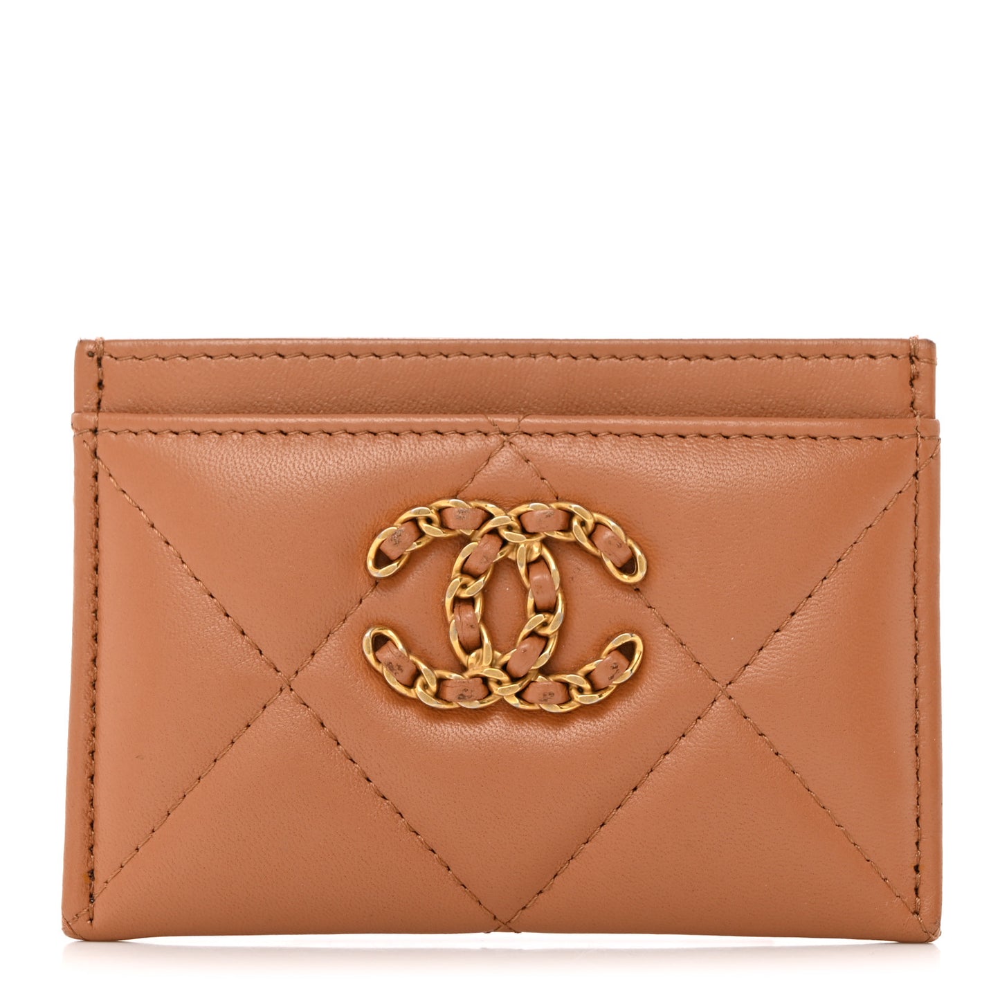 Lambskin Quilted Chanel 19 Card Holder Brown