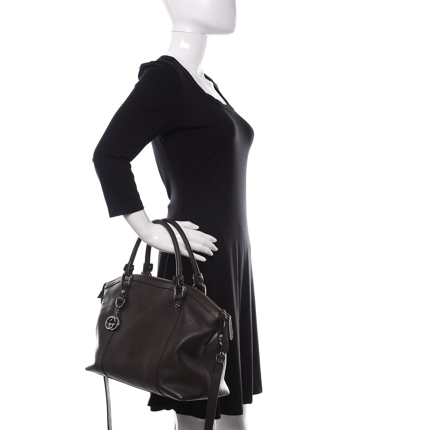 Pebbled Calfskin Medium GG Convertible Dome Satchel Dark Brown