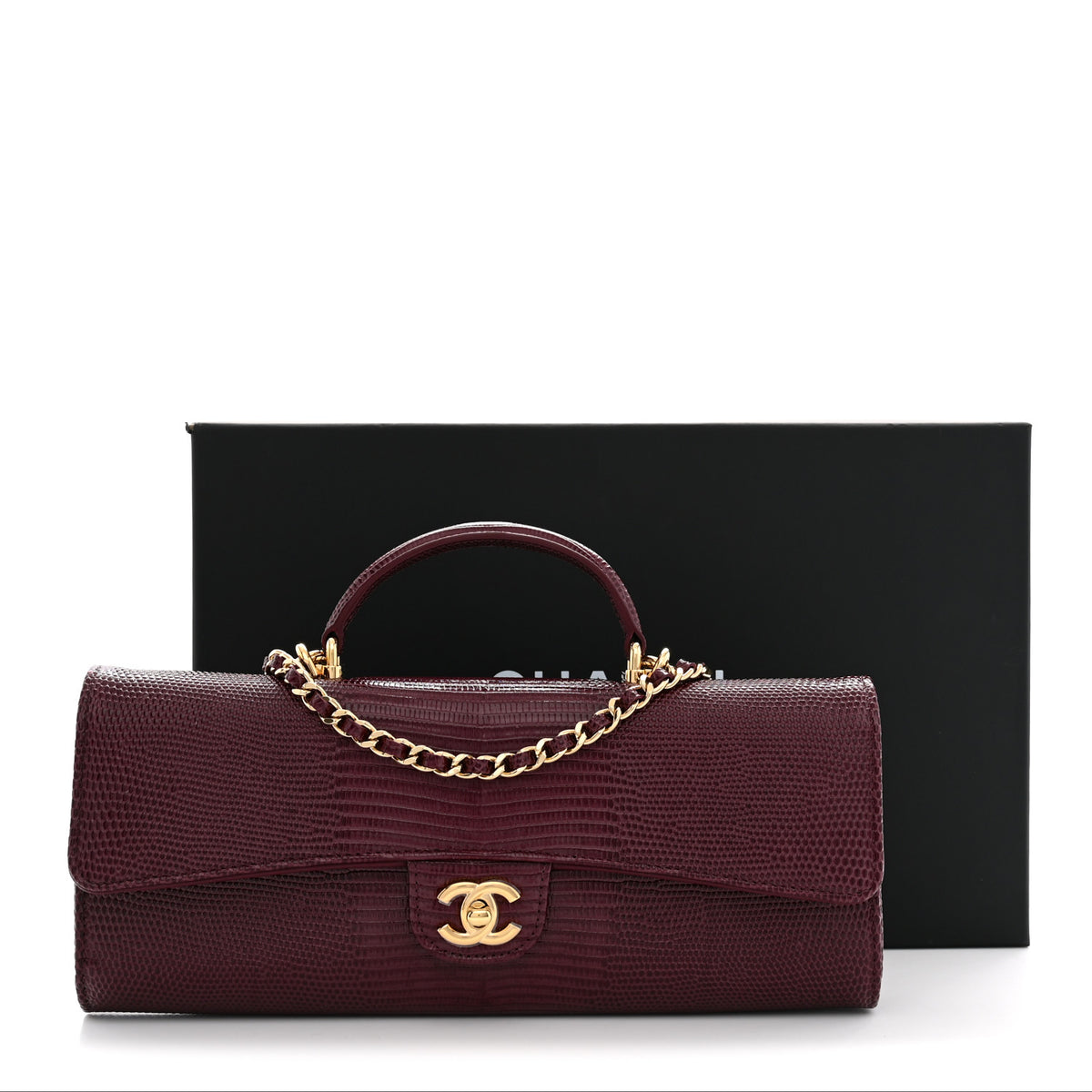 Calfskin Lizard Embossed Clutch With Chain Bordeaux