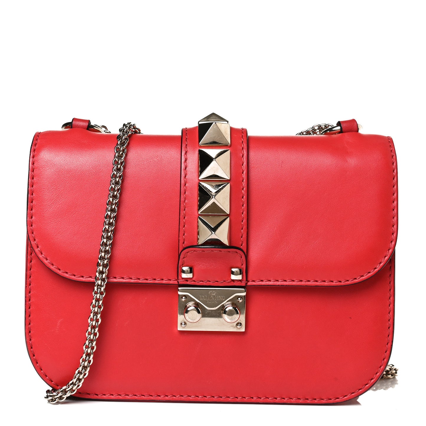 Vitello Small Glam Lock Rockstud Flap Red