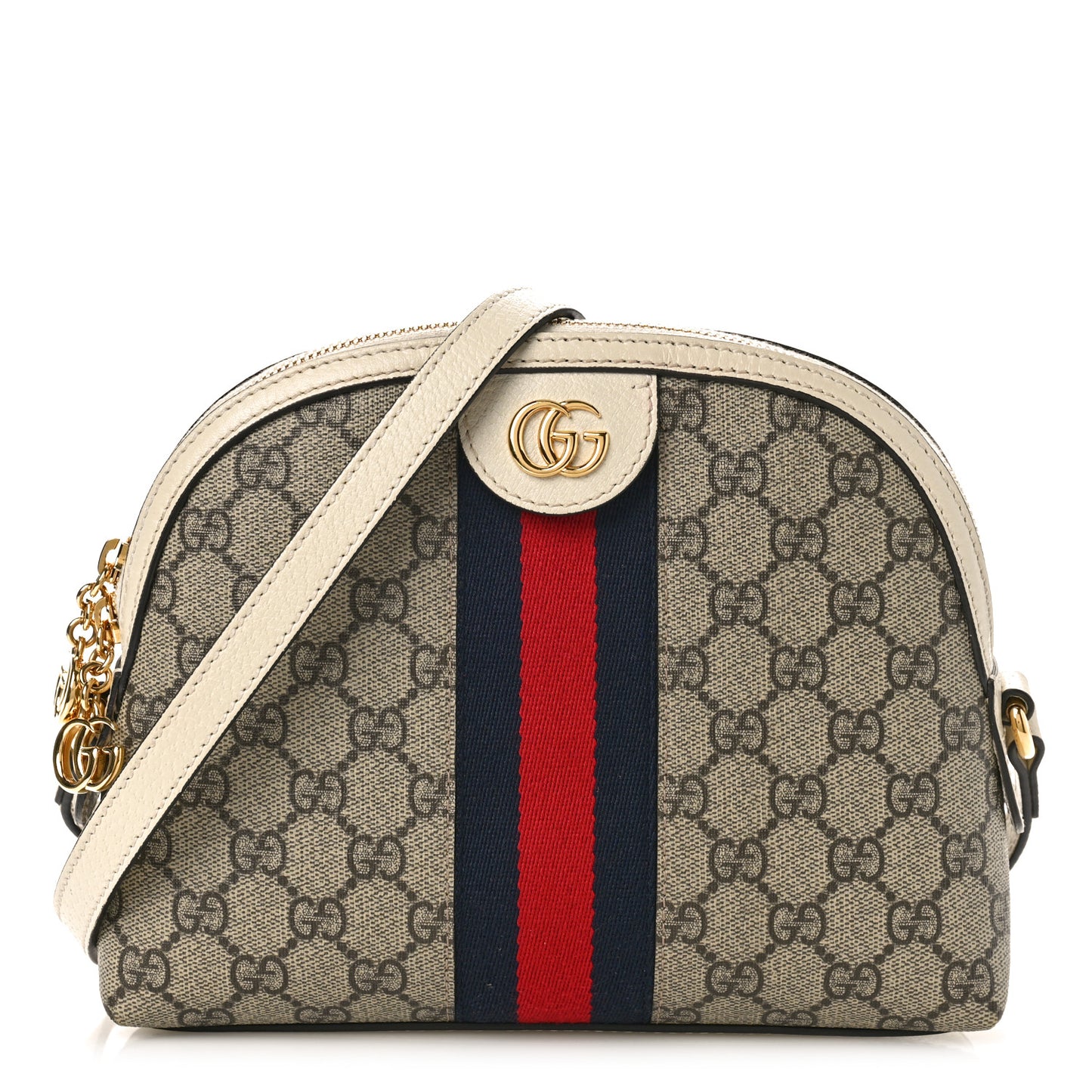 GG Supreme Monogram Textured Dollar Calfskin Web Small Ophidia Dome Shoulder Bag Beige Ebony Mystic White