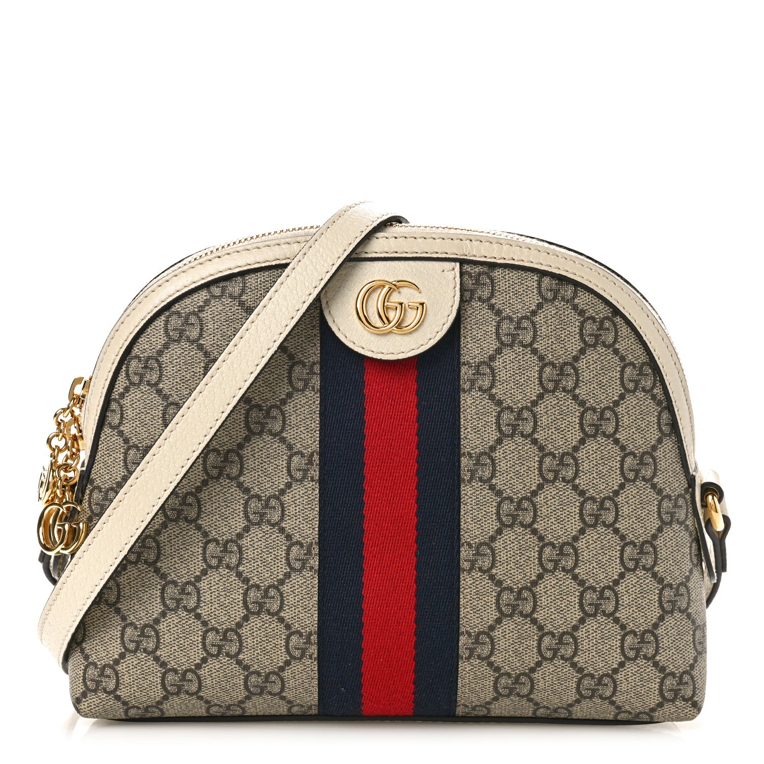 Gucci GG Supreme Monogram Textured Dollar Calfskin Web Small Ophidia Dome Shoulder Bag Beige Ebony Mystic White 1 of 9
