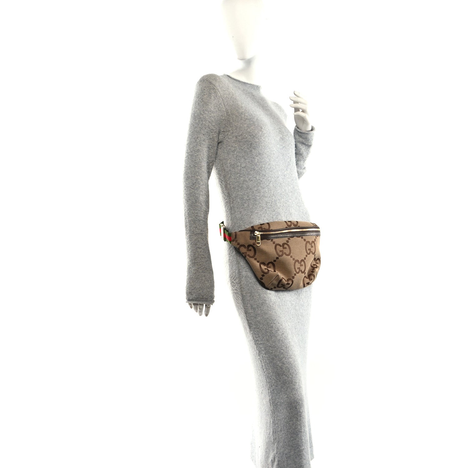 Gucci Monogram Jumbo GG Textured Dollar Calfskin Web Belt Bag Camel Ebony New Acero 2 of 10