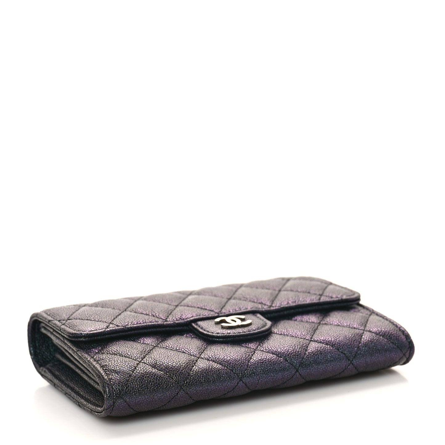 Iridescent Caviar Quilted Large Gusset Flap Wallet Black