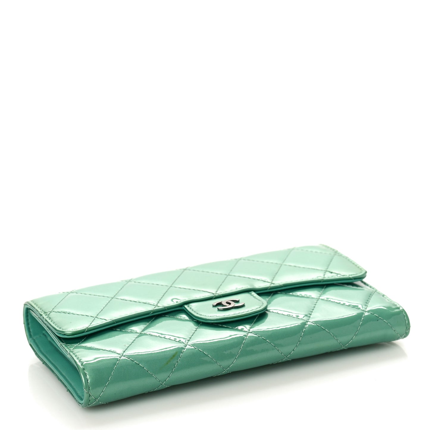Patent Quilted Long Flap Wallet Green