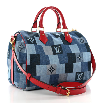 Louis Vuitton Denim Damier Monogram Patchwork Speedy Bandouliere 30 Blue Rouge 3 of 12