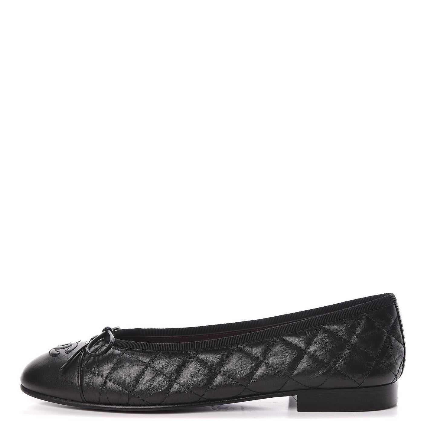 Aged Calfskin Quilted Cap Toe Ballerina Flats 37 Black