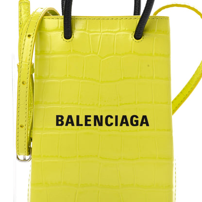 Balenciaga Calfskin Crocodile Embossed Logo Shopping Phone Holder Bag Lime 8 of 10