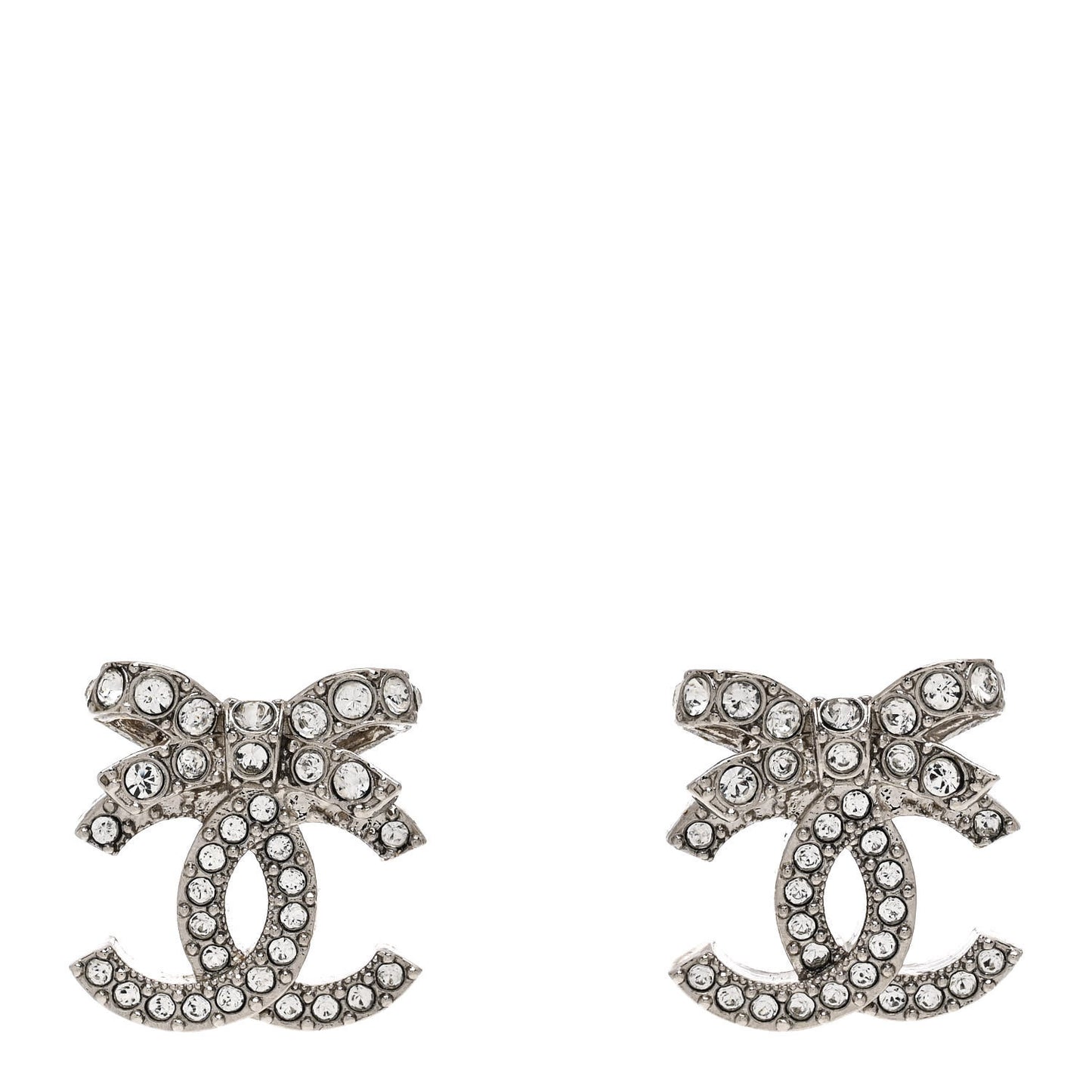 Crystal CC Bow Dangle Earrings Silver