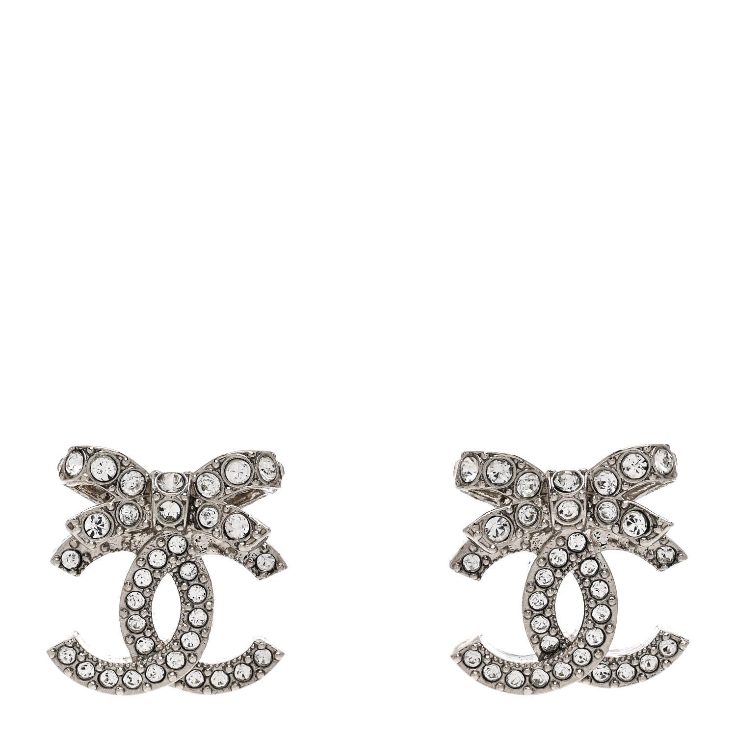 Chanel Crystal CC Bow Dangle Earrings Silver 1 of 5