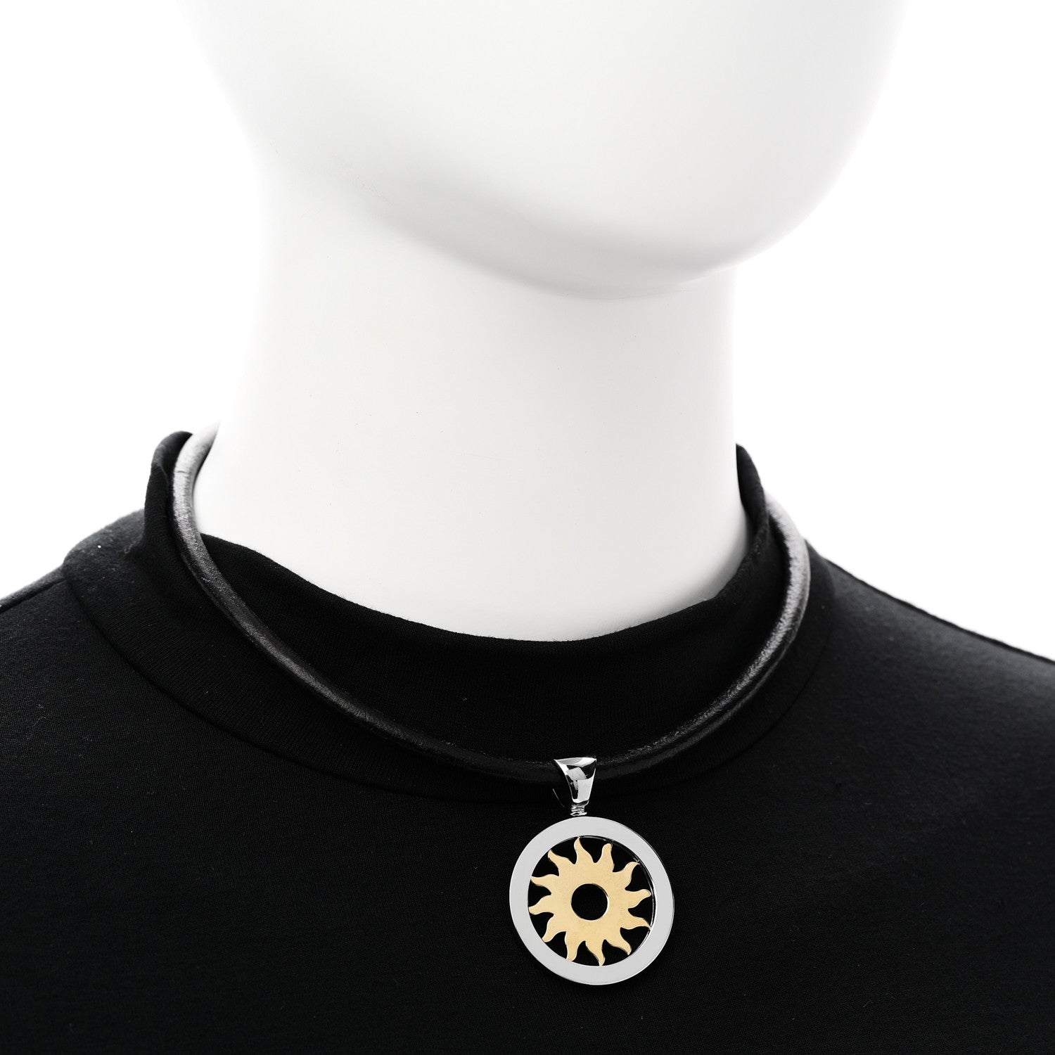 Bulgari 18K Yellow Gold Stainless Steel Calfskin Tondo Sun Pendant Necklace Black 2 of 5