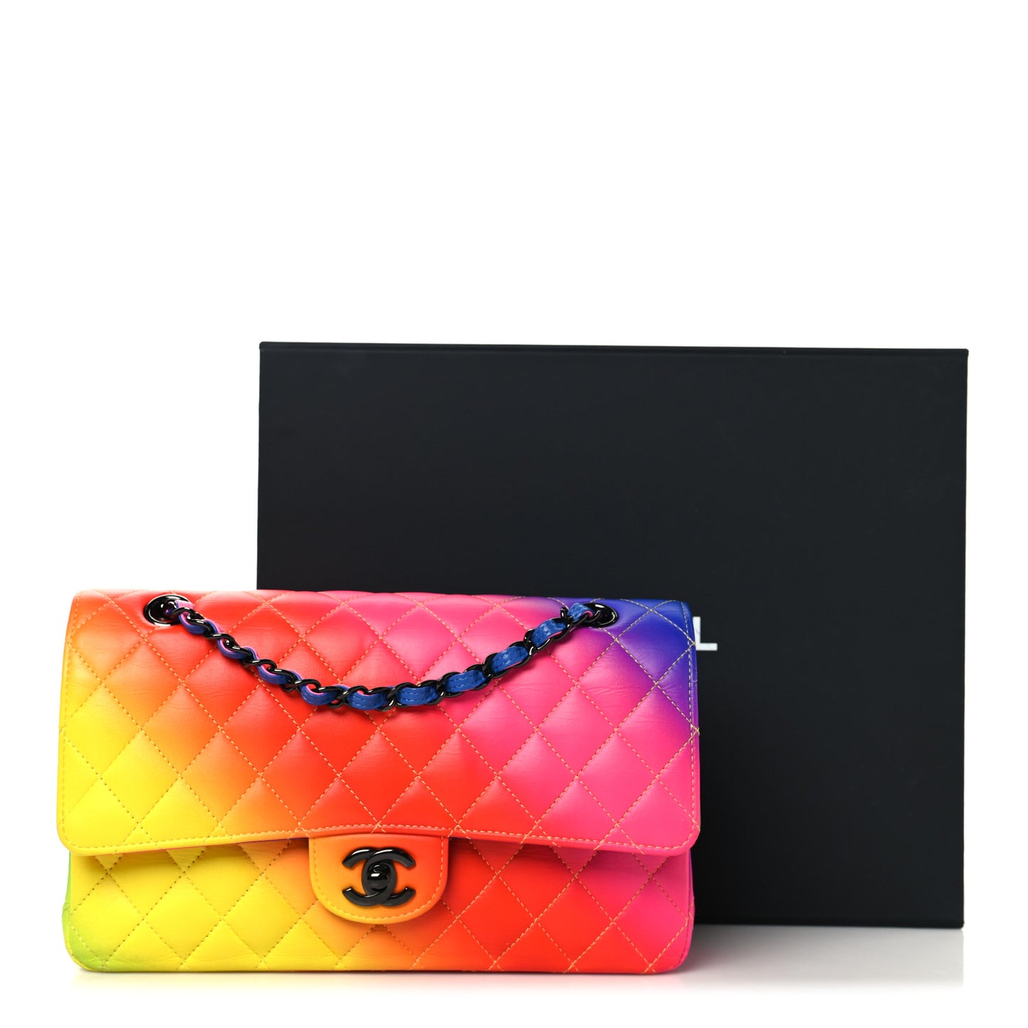 Calfskin Quilted Medium Rainbow Double Flap Multicolor