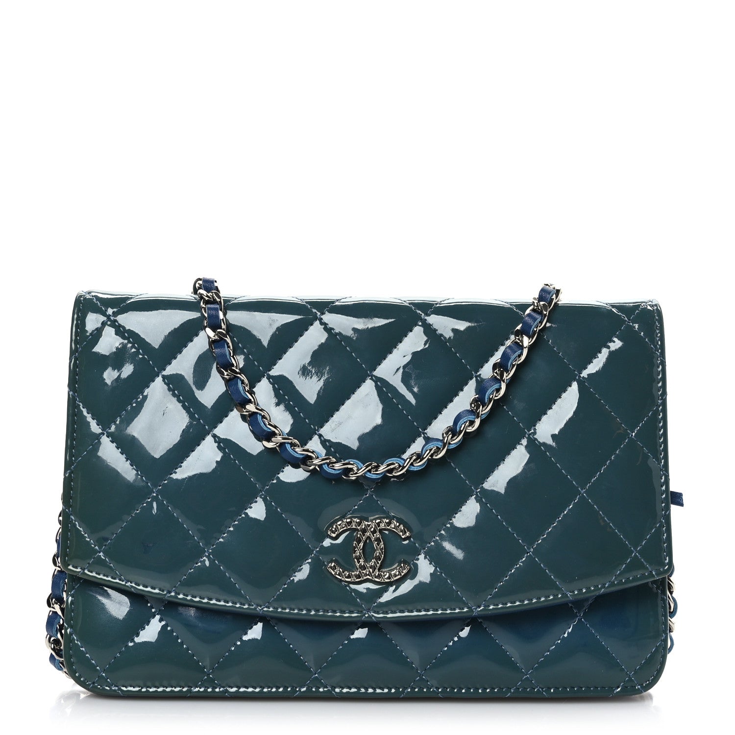 Chanel Patent Quilted Brilliant Wallet On Chain WOC Blue 1 of 11