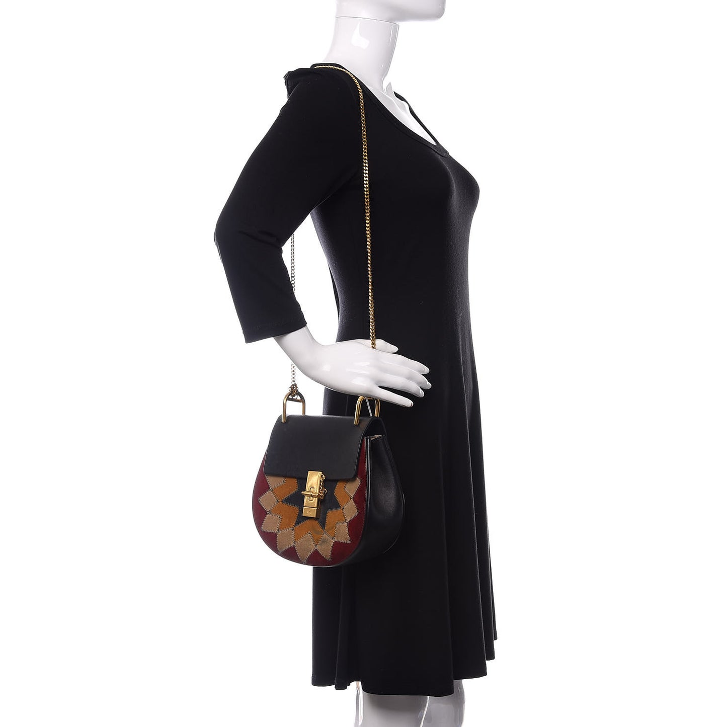 Suede Calfskin Wonder Woman Patchwork Drew Shoulder Bag Black