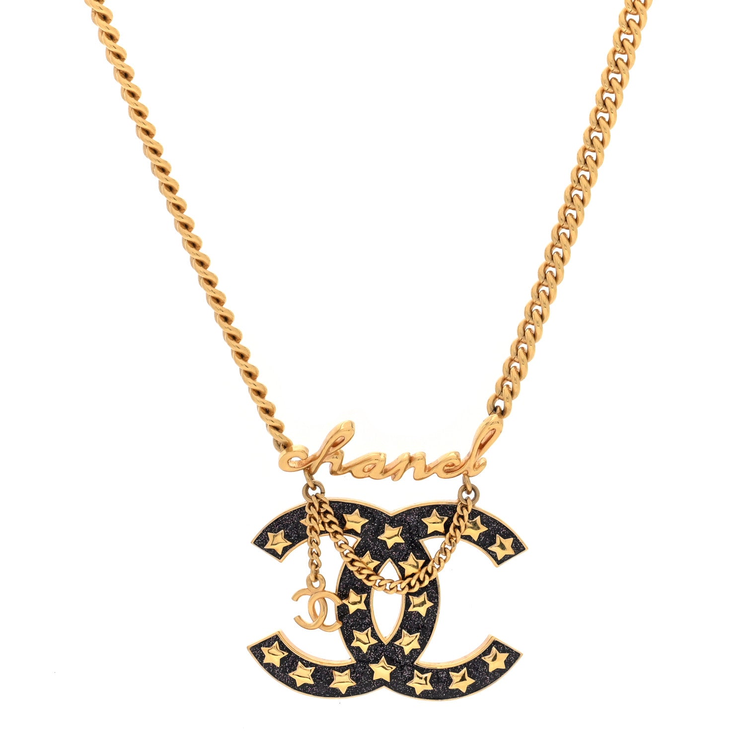 Chanel Metal Resin CC Star Chain Logo Necklace Gold Black 1 of 4