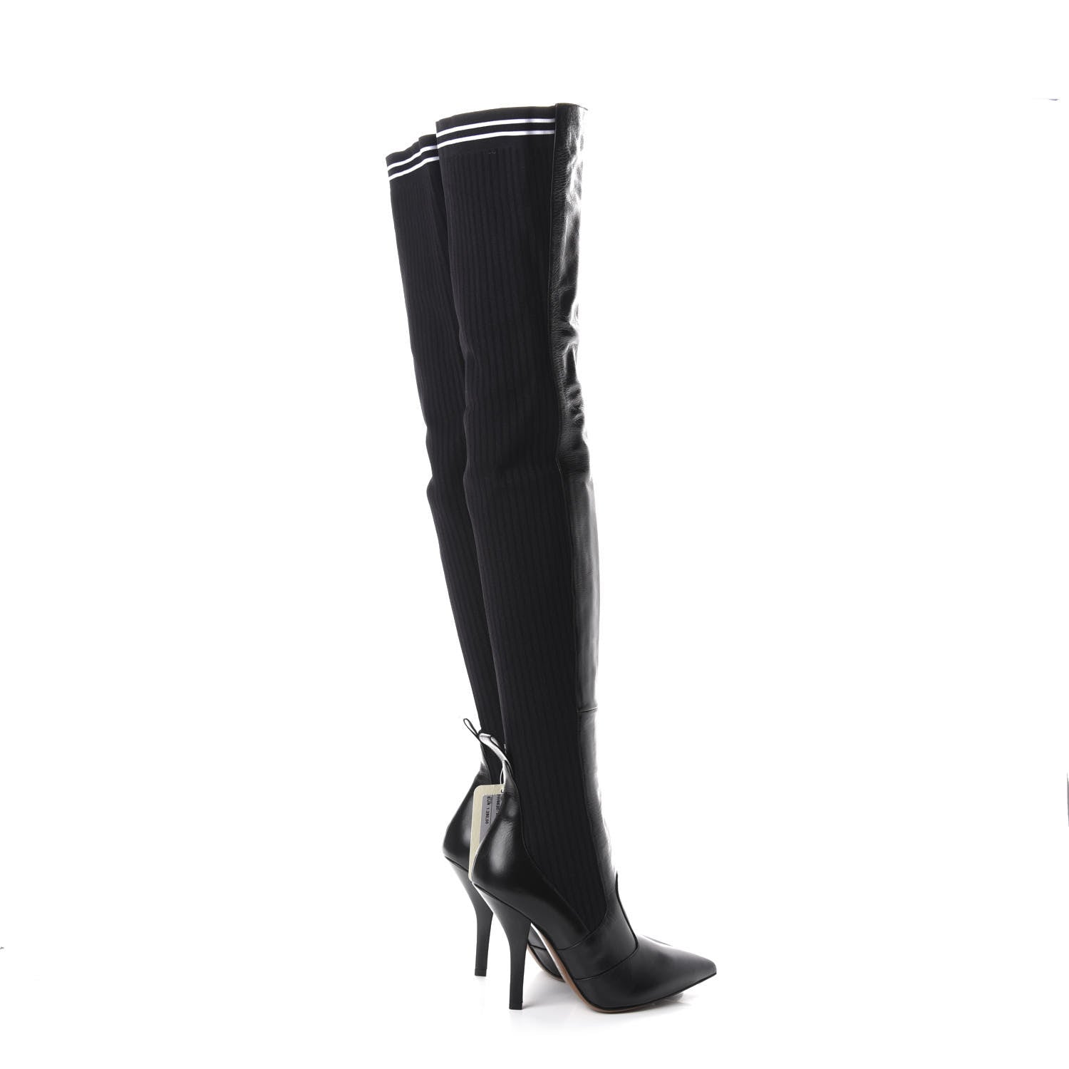 Fendi Vitello Lucido Stretch Fabric Striped Rockoko Thigh High 105mm Sock Boots 38.5 Black 4 of 7