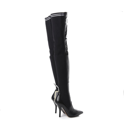 Fendi Vitello Lucido Stretch Fabric Striped Rockoko Thigh High 105mm Sock Boots 38.5 Black 4 of 7