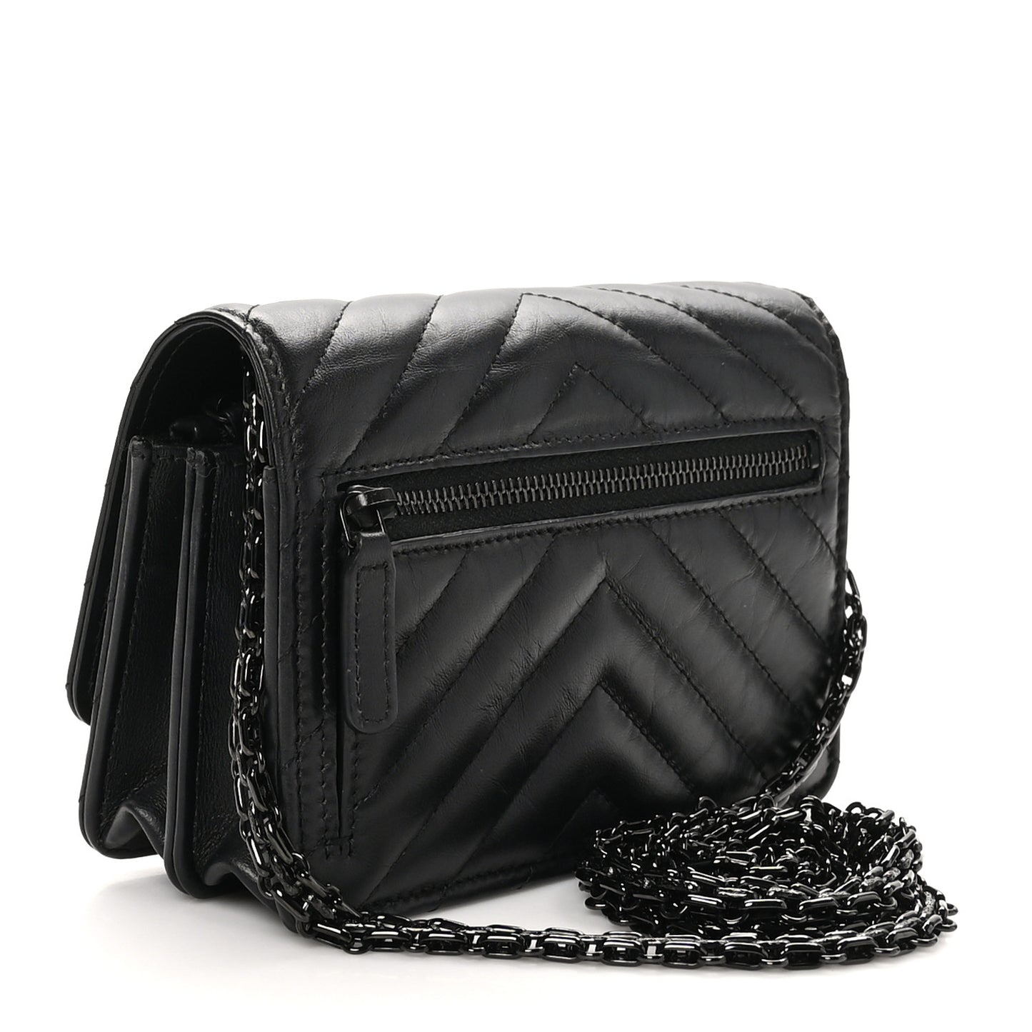 Aged Calfskin Chevron Quilted Reissue 2.55 Square Wallet On Chain WOC So Black