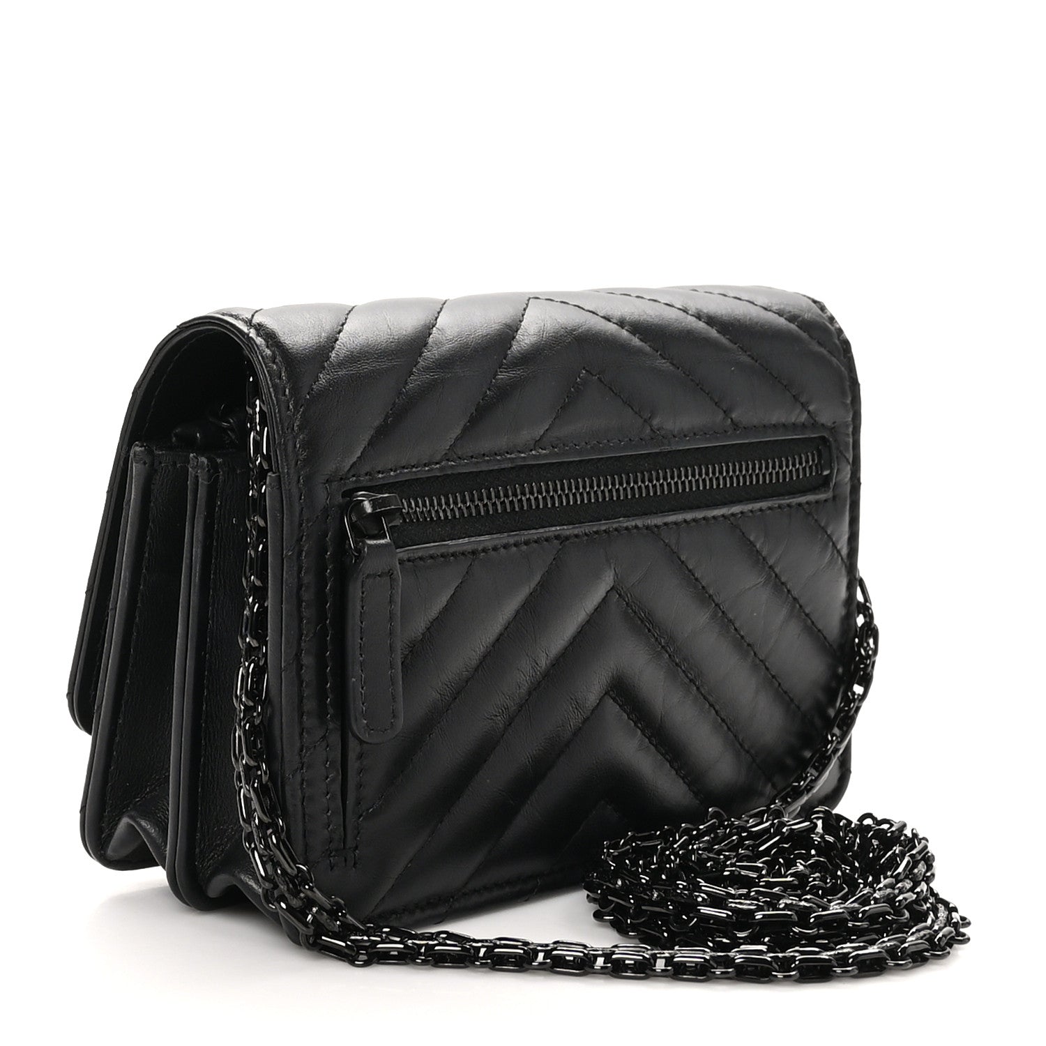 Chanel Aged Calfskin Chevron Quilted Reissue 2.55 Square Wallet On Chain WOC So Black 3 of 10