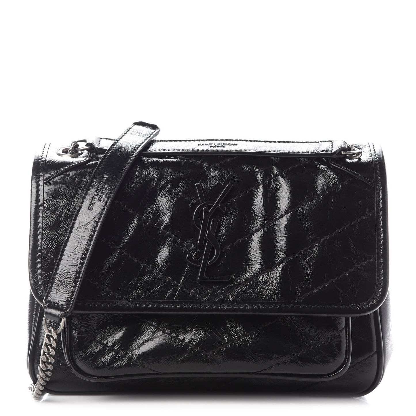 Crinkled Calfskin Matelasse Monogram Baby Niki Chain Satchel Black