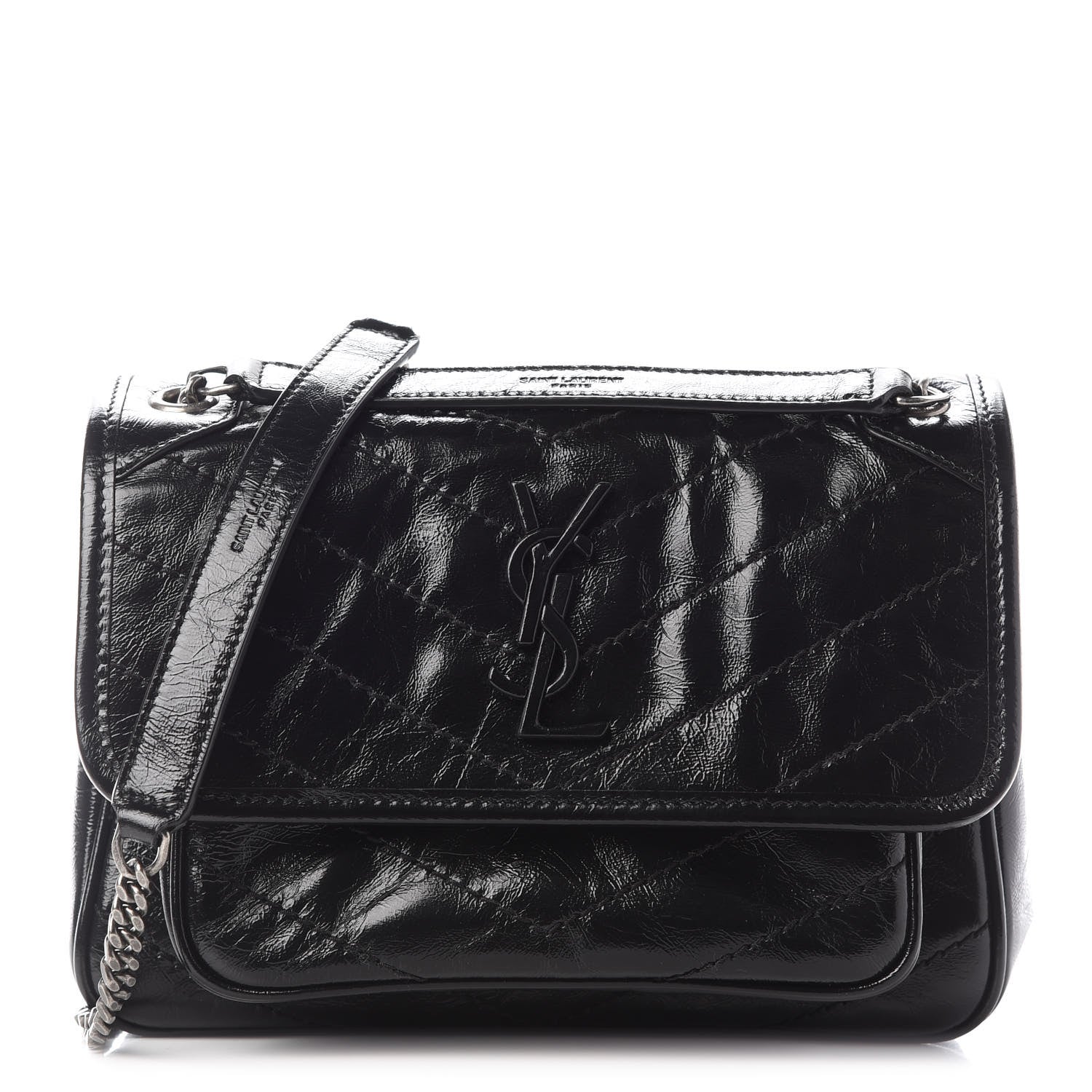Saint Laurent Crinkled Calfskin Matelasse Monogram Baby Niki Chain Satchel Black 1 of 8