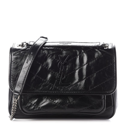 Saint Laurent Crinkled Calfskin Matelasse Monogram Baby Niki Chain Satchel Black 1 of 8