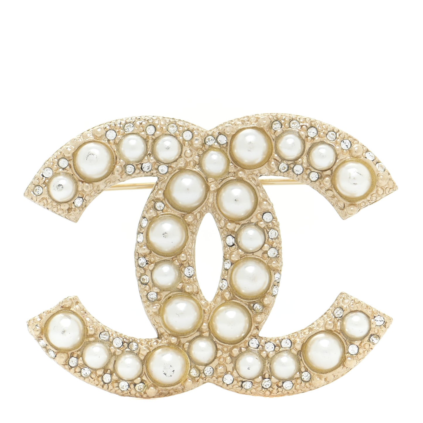 Metal Crystal Graduated Pearl CC Brooch Gold