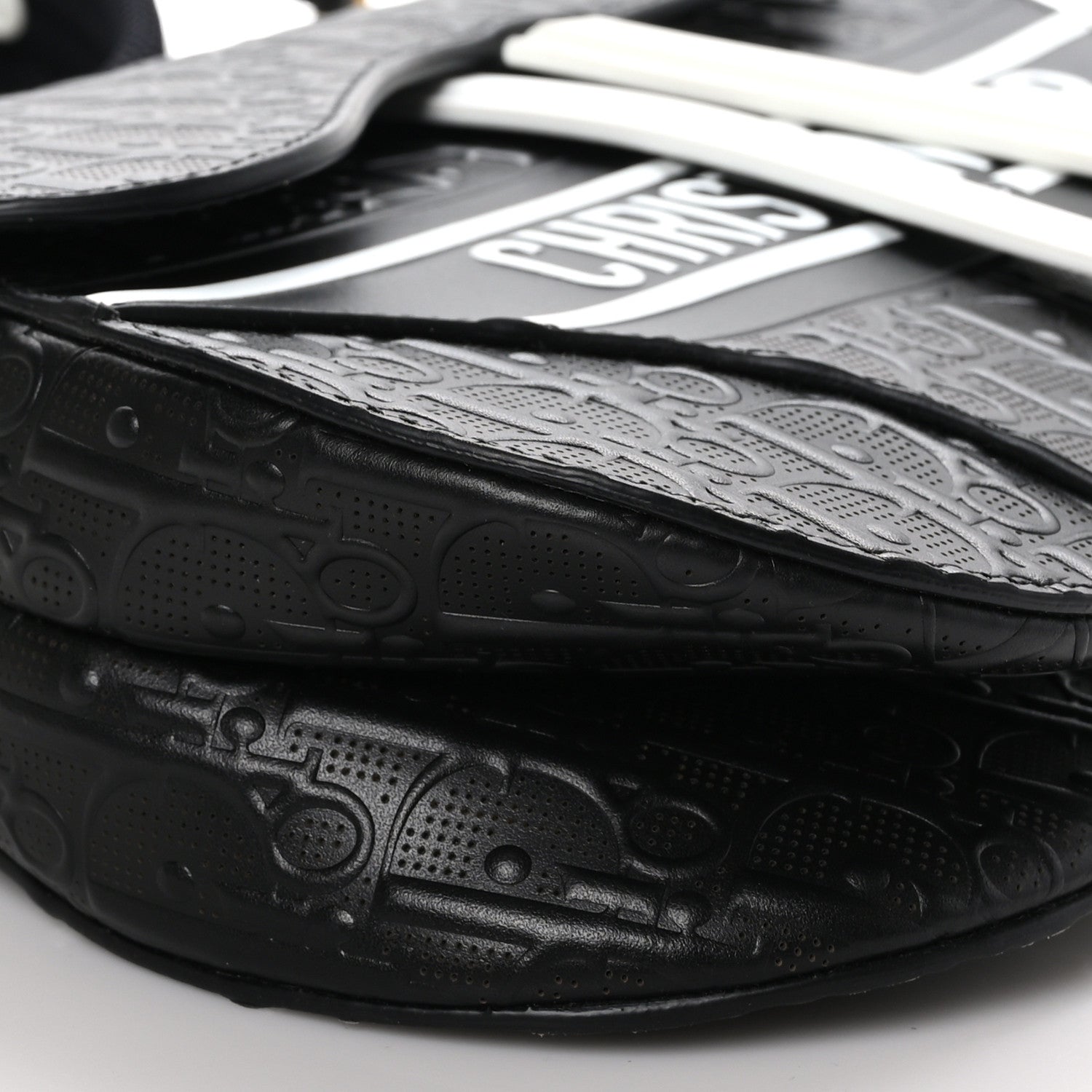 Christian Dior CHRISTIAN DIOR Calfskin Embossed Oblique Vibe Saddle Bag With Strap Black White 8 of 9