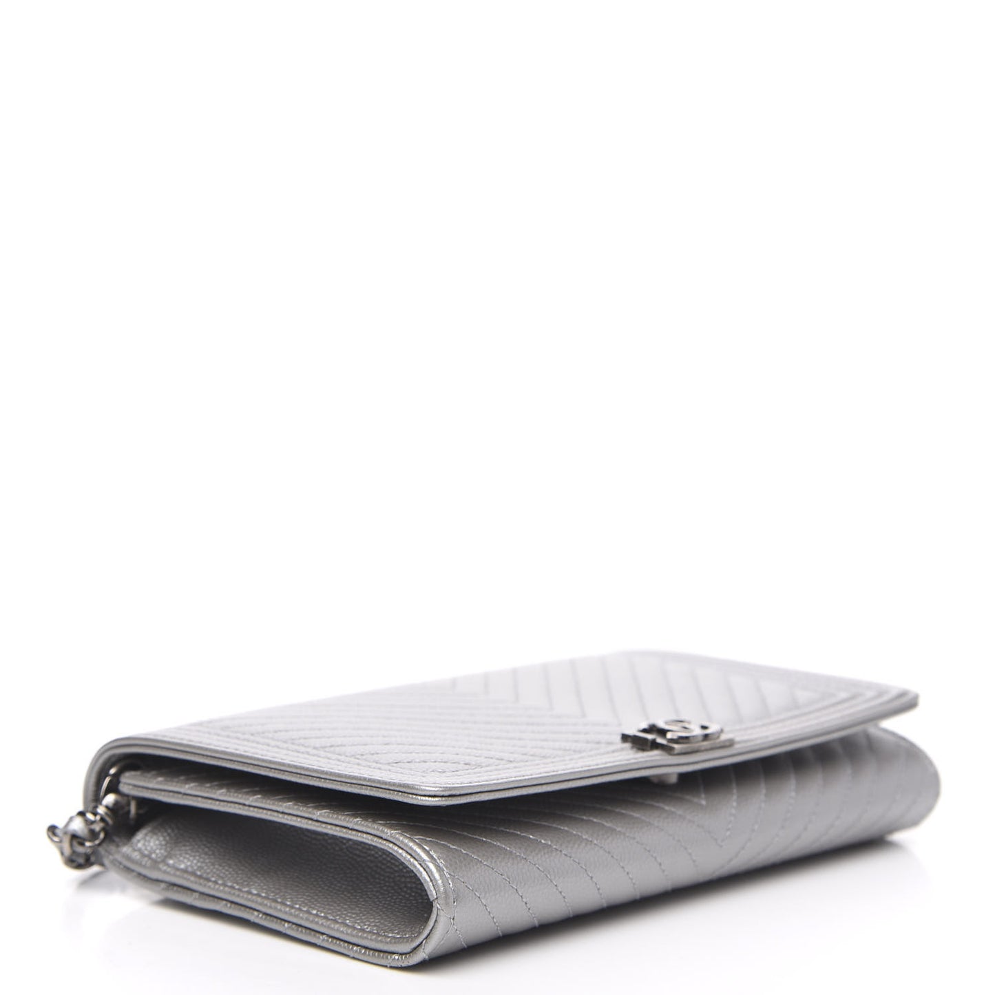 Metallic Caviar Chevron Quilted Boy Wallet On Removable Chain WOC Silver