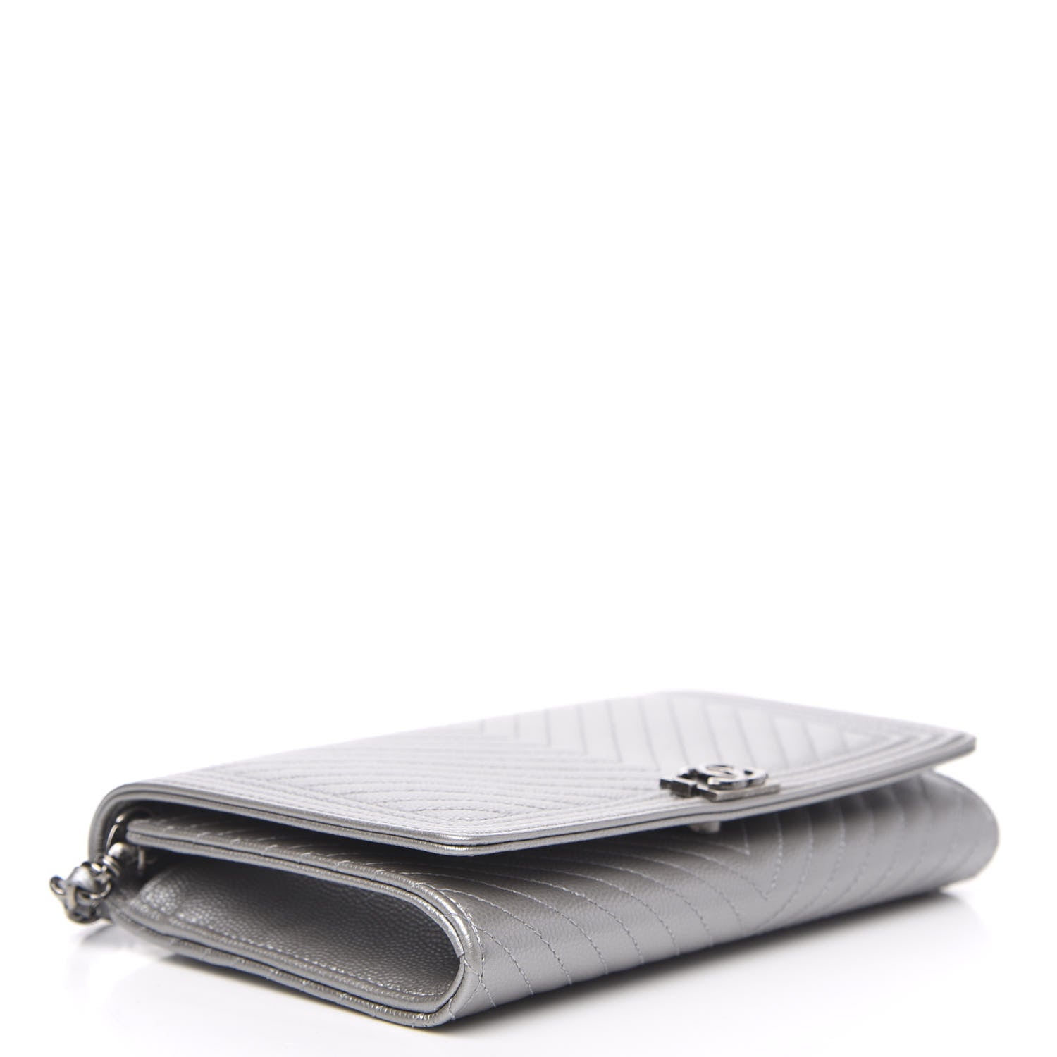 Chanel Metallic Caviar Chevron Quilted Boy Wallet On Removable Chain WOC Silver 4 of 14