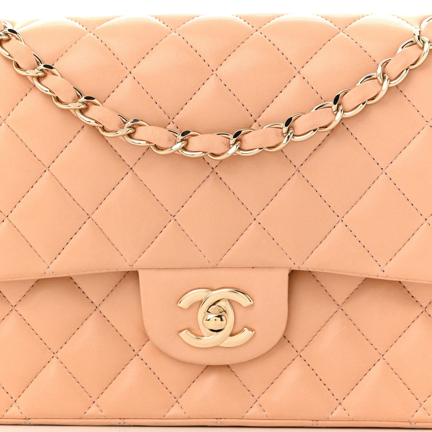 Lambskin Quilted Medium Double Flap Beige