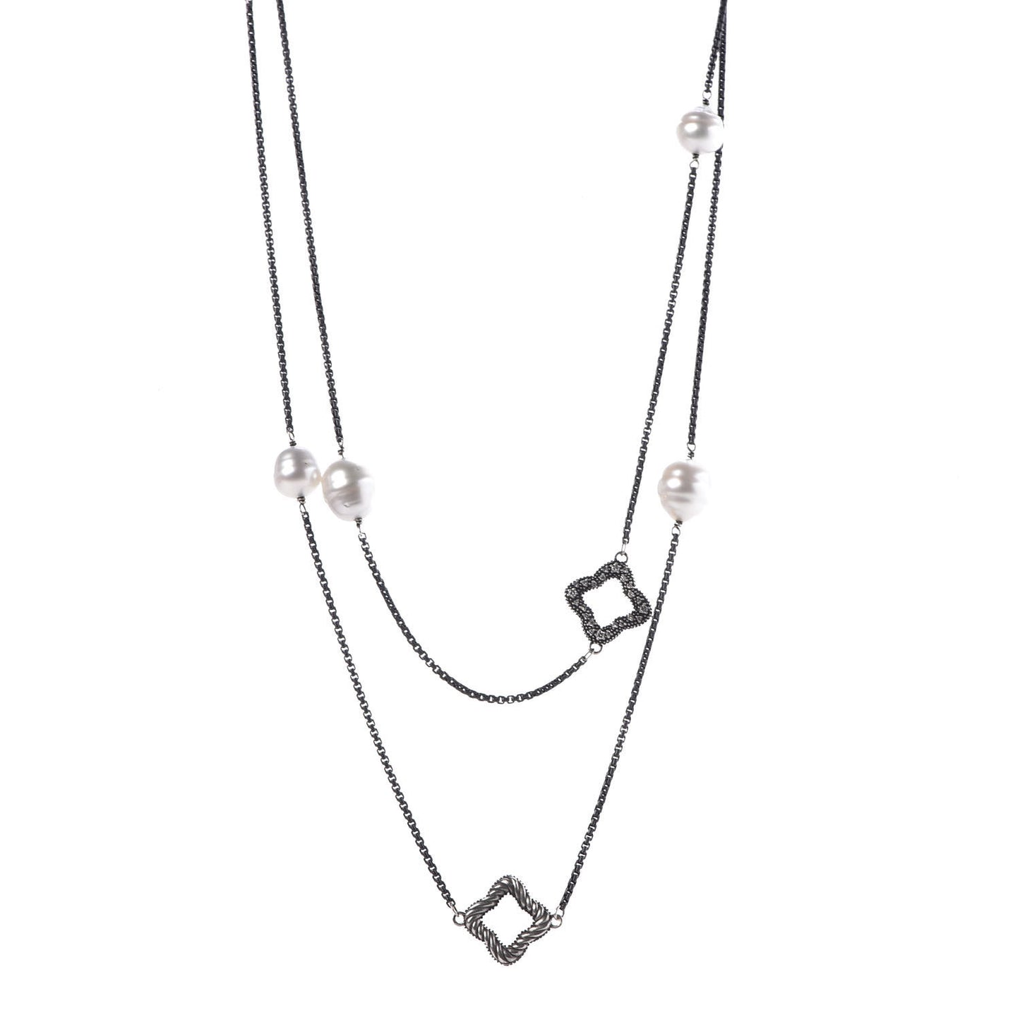 Darkened Sterling Silver South Sea Pearl Diamond Quatrefoil Necklace