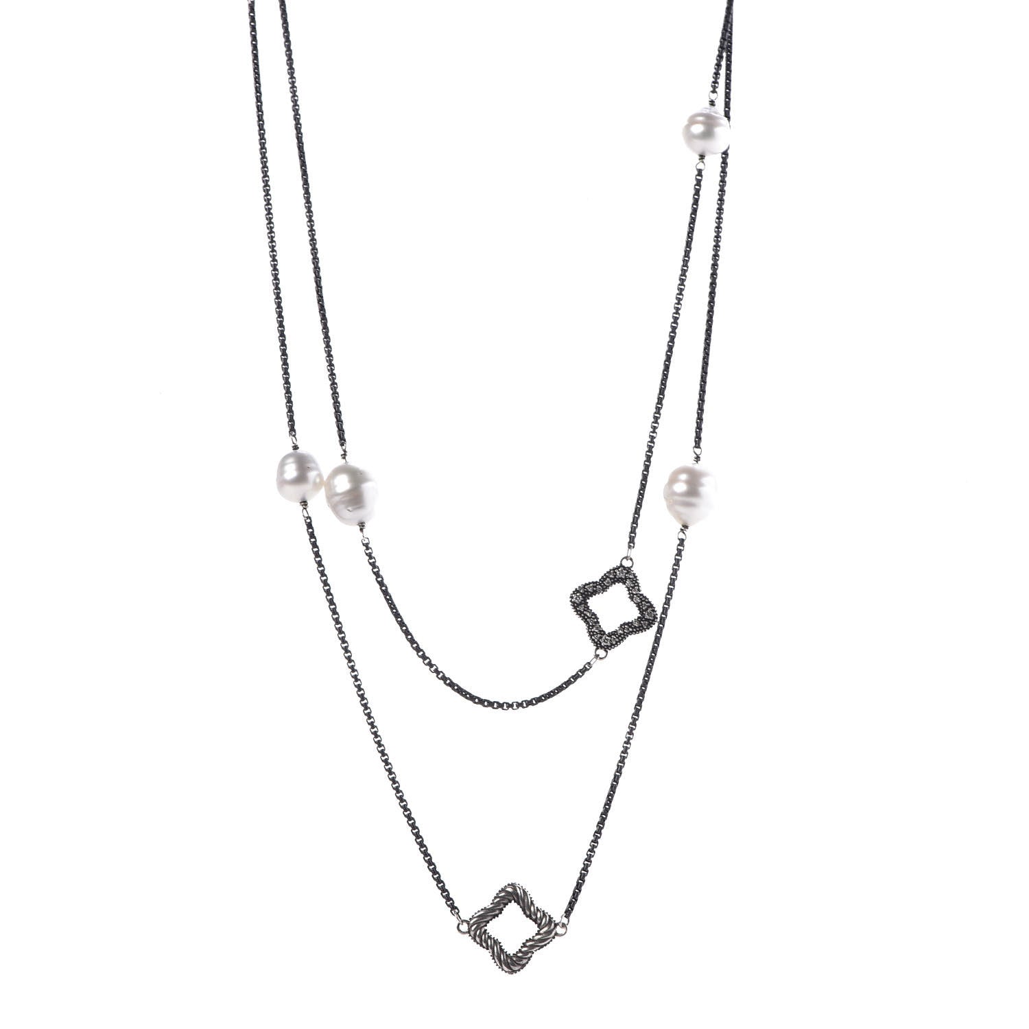 David Yurman Darkened Sterling Silver South Sea Pearl Diamond Quatrefoil Necklace 1 of 6