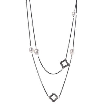 David Yurman Darkened Sterling Silver South Sea Pearl Diamond Quatrefoil Necklace 1 of 6