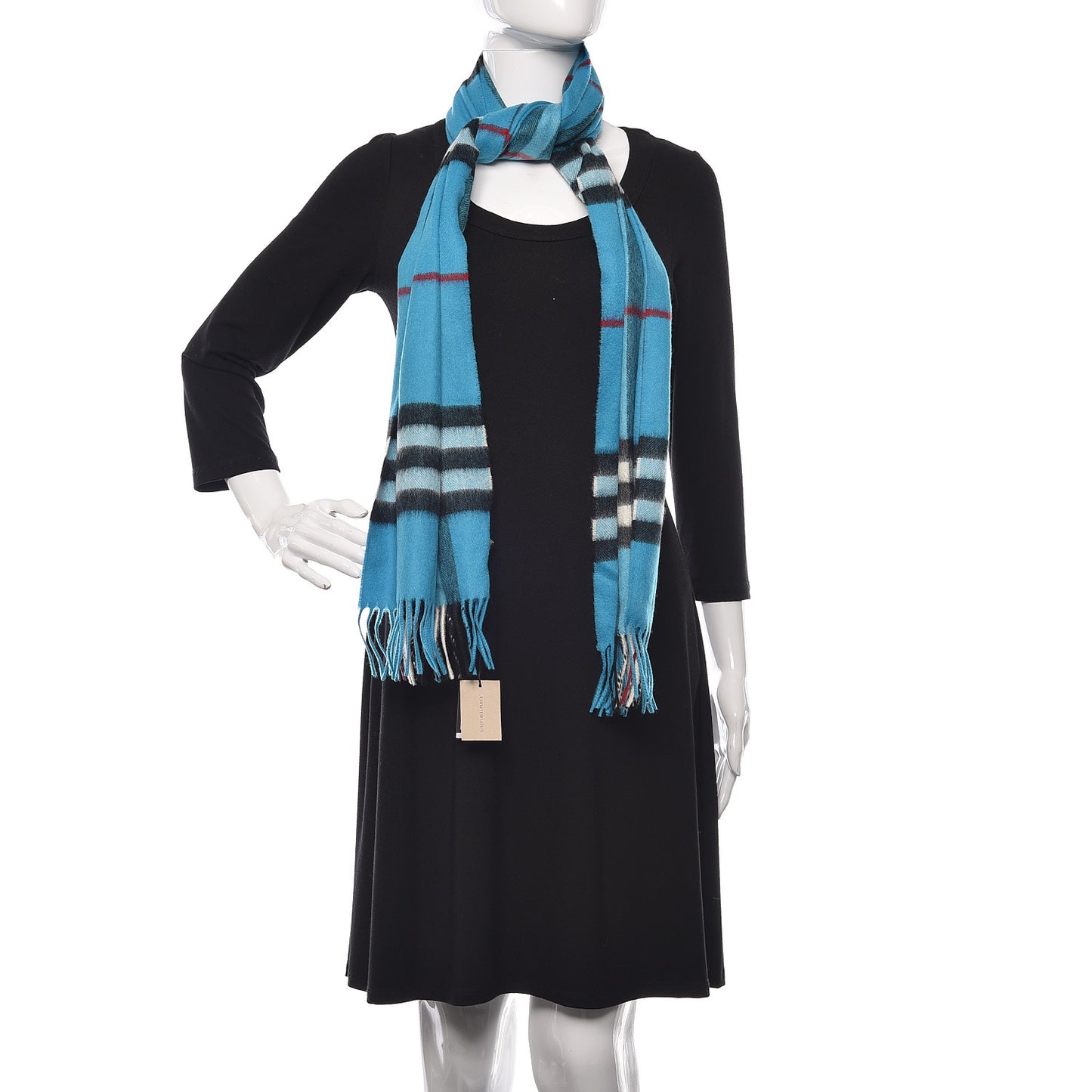 Cashmere Giant Check Fringe Scarf Bright Turquoise
