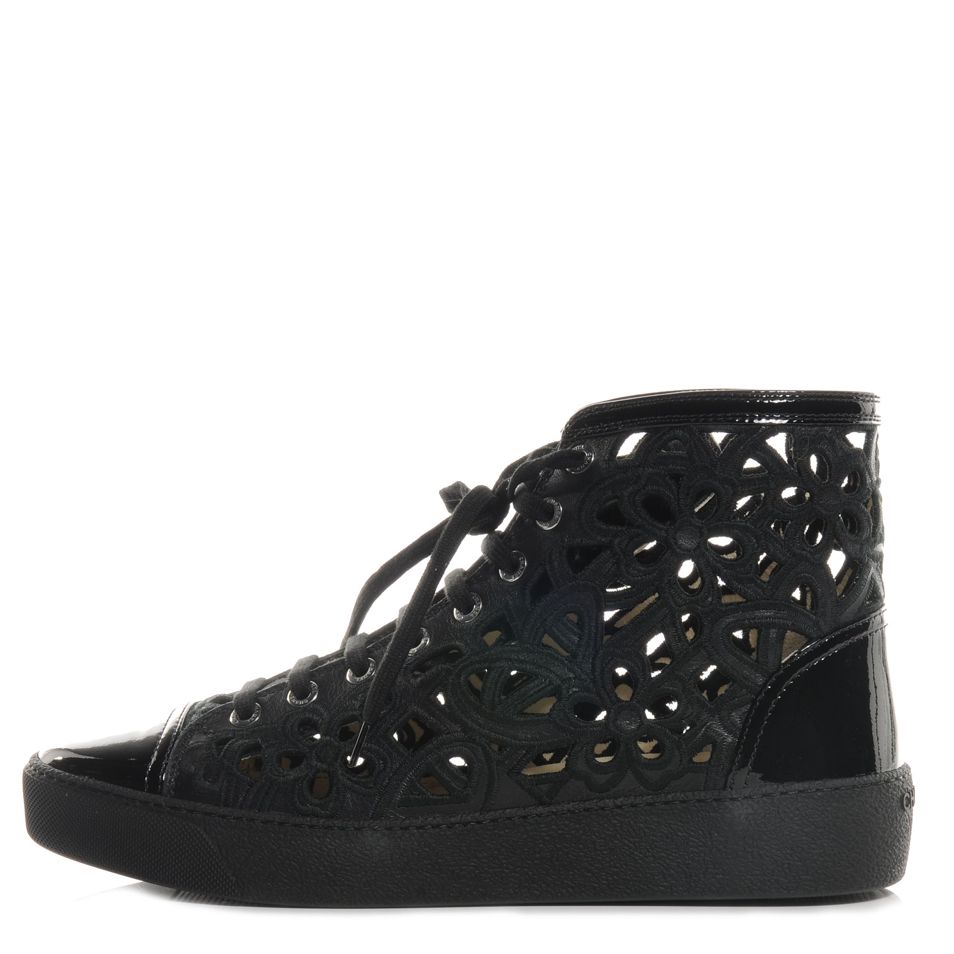 Chanel Patent Grained Goatskin Hollow Out Flower Sneakers Black 39 1 of 6