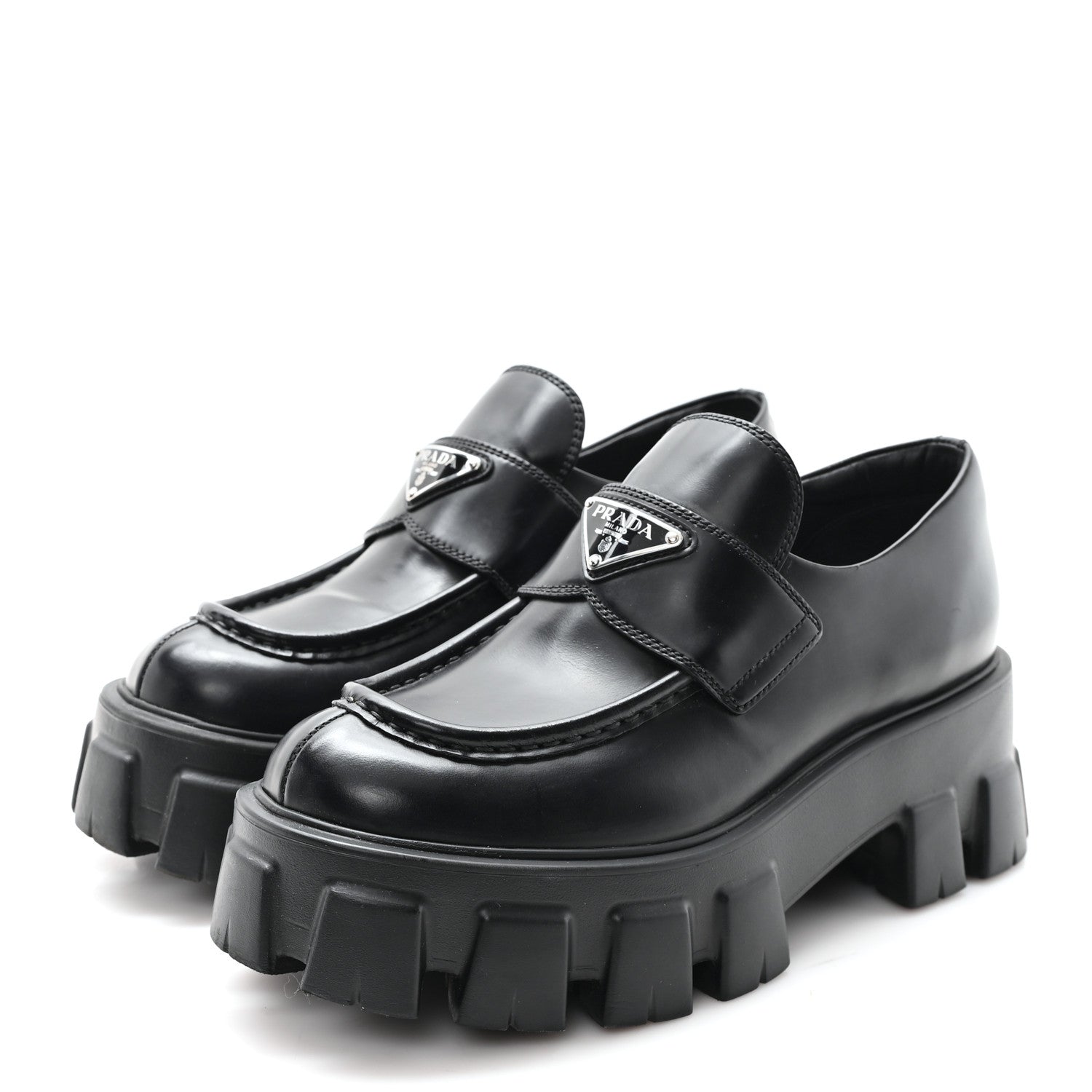 Prada Spazzolato Rois Metal Triangle Logo Monolith 55mm Loafers 38 Black 4 of 10