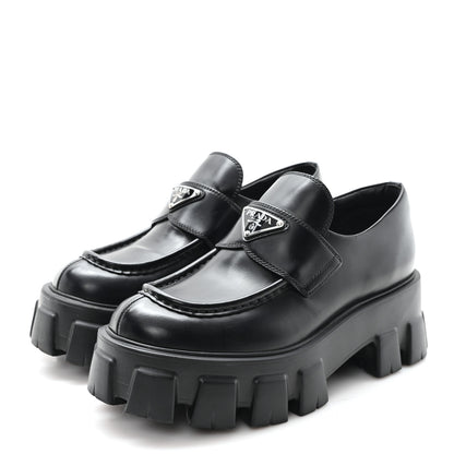 Prada Spazzolato Rois Metal Triangle Logo Monolith 55mm Loafers 38 Black 4 of 10