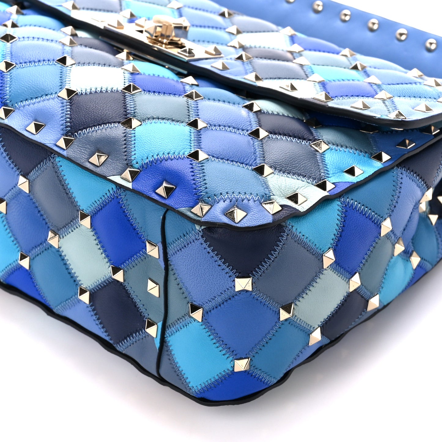 Lambskin Patchwork Medium Rockstud Spike Shoulder Bag Angel Blue