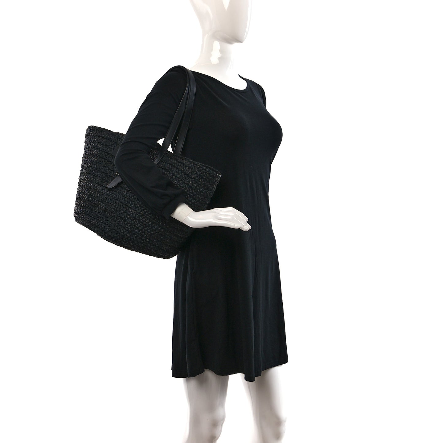 Raffia Calfskin Celtic Buckle Medium Panier Tote Black