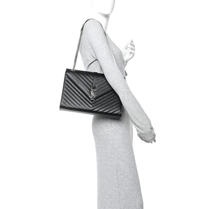 Saint Laurent Grain De Poudre Matelasse Chevron Large Monogram Satchel Black 2 of 9