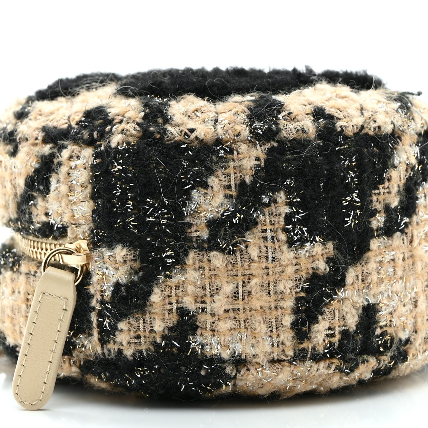 Tweed Shearling Quilted Round Clutch With Chain and Coin Purse Beige Black