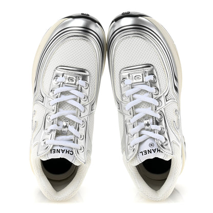 Chanel Fabric Laminated Calfskin Stretch CC Sneakers 39.5 White Silver 2 of 10