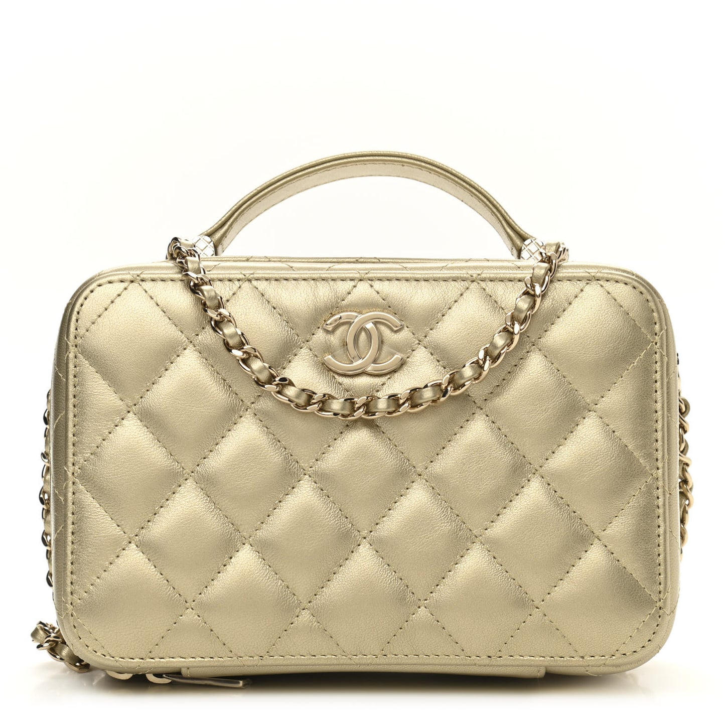 Metallic Lambskin Quilted Top Handle Vanity Case Gold