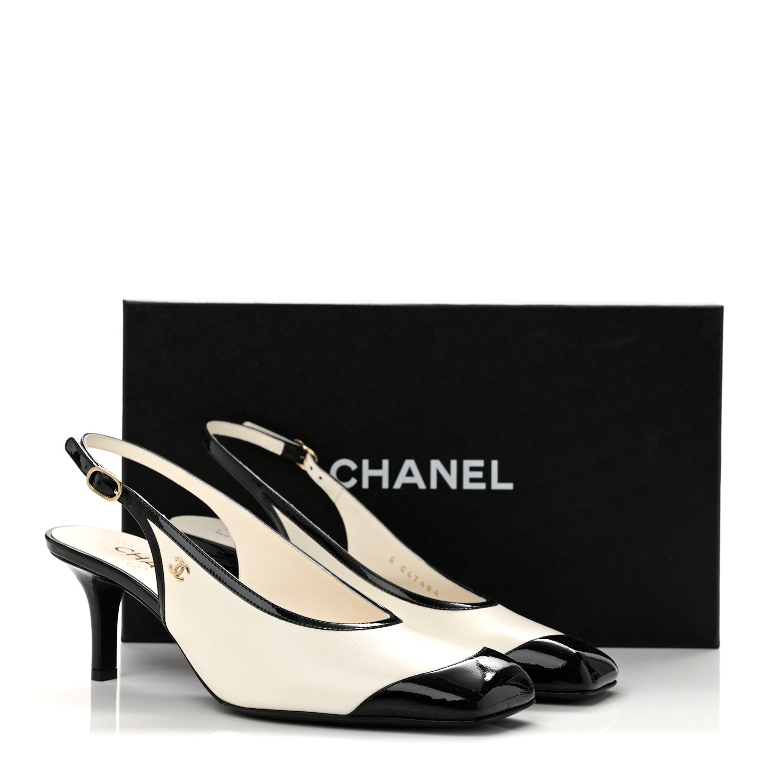 Chanel Lambskin Patent Calfskin Cap Toe CC Slingback Pumps 38.5 White Black 10 of 10