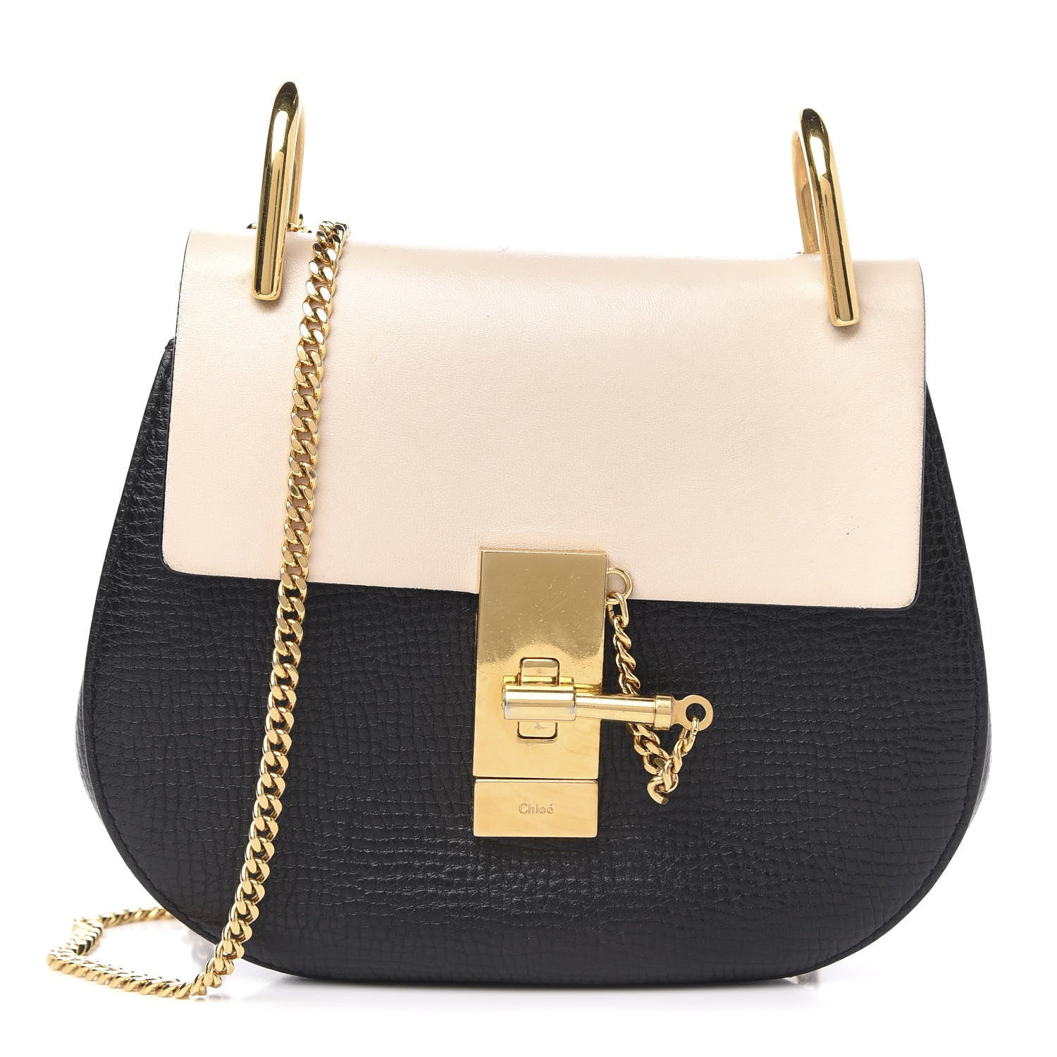 Chloe Grained Calfskin Lambskin Mini Bi-Color Drew Shoulder Bag Black Powder Beige 1 of 12