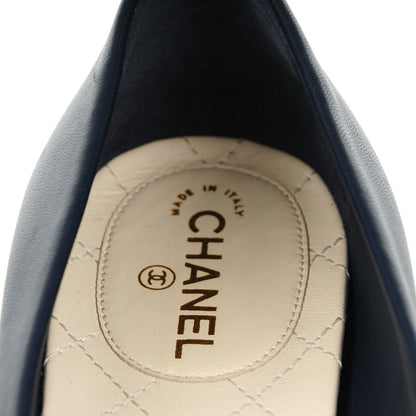 Chanel Lambskin Patent Calfskin Pearl Camellia Cap Toe Pumps 37 Dark Navy Blue 7 of 8